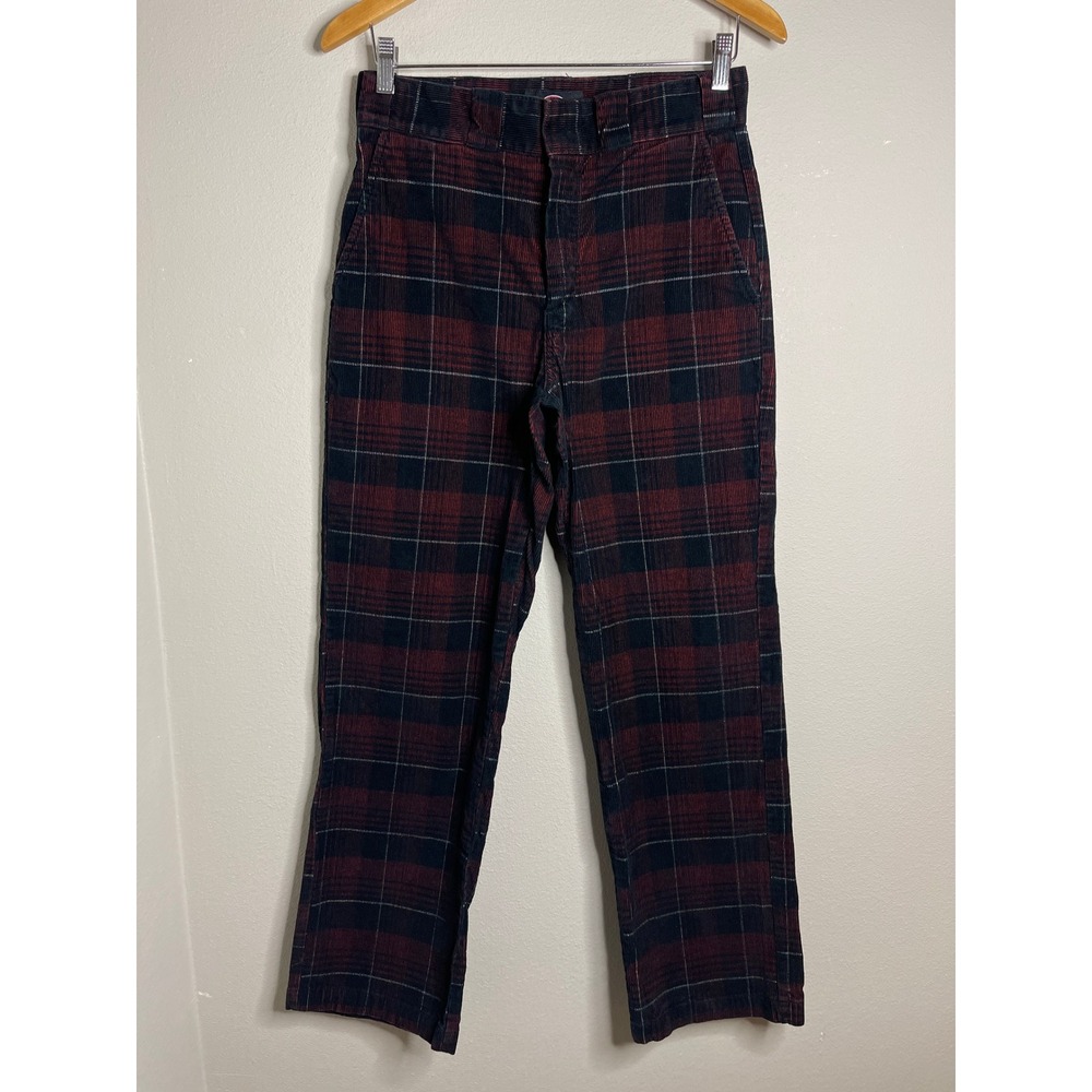 Dickies Corduroy Pants Burgundy Black Plaid Straight Leg Stretch Trousers